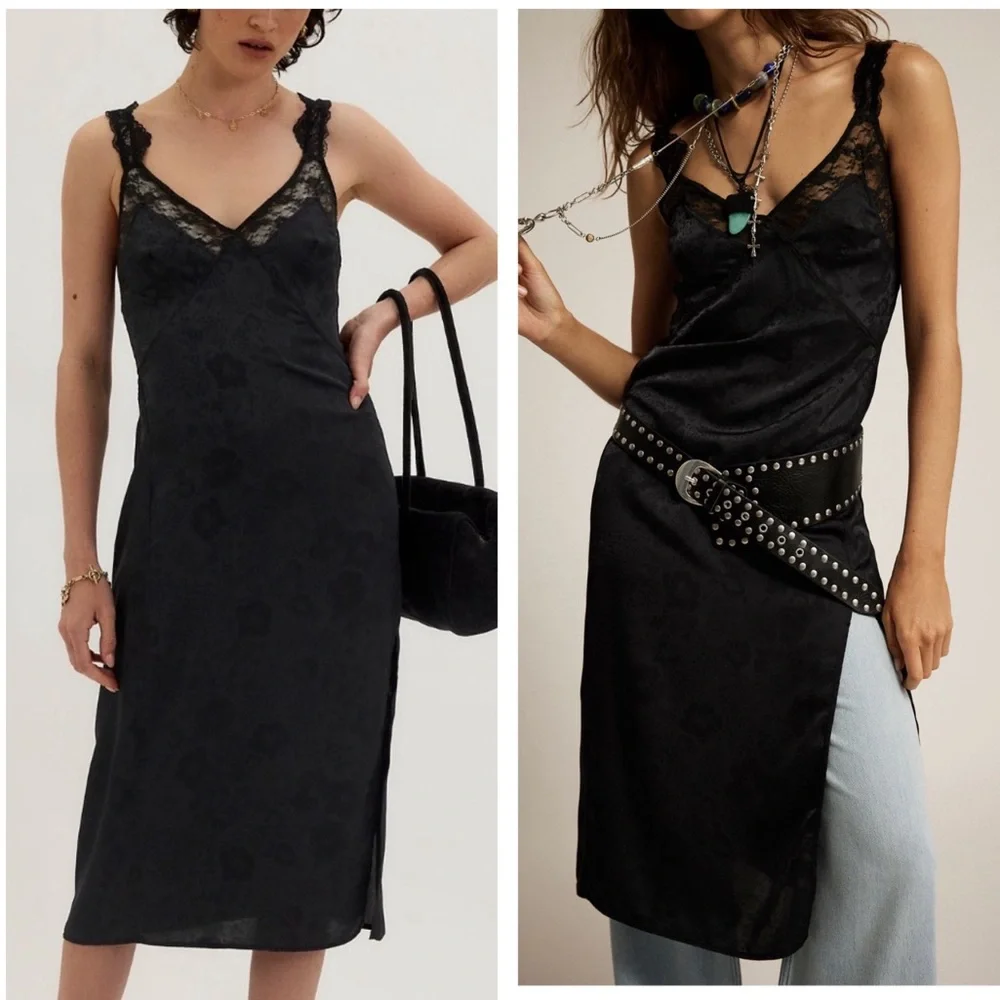FREE PEOPLE TELL ME WHY MIDI SLIP DRESS BLACK SATIN LARGE